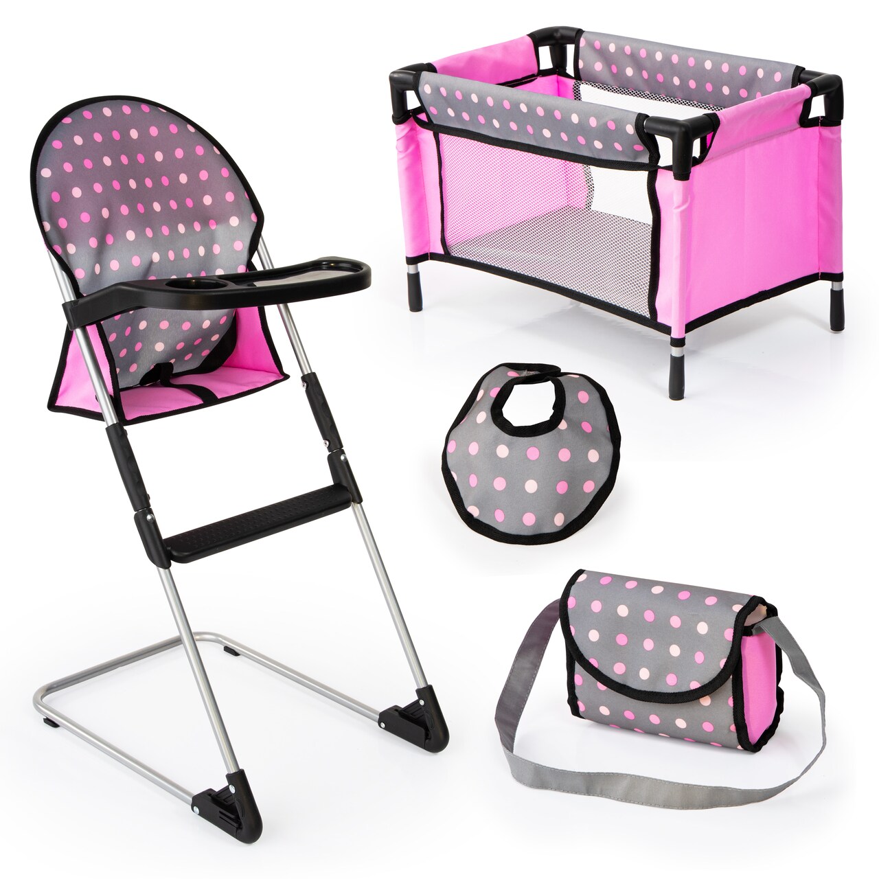 Bayer: Doll High Chair/Crib Set, Grey, Pink with Dots |Baby Dolls | Dress up | Accessories